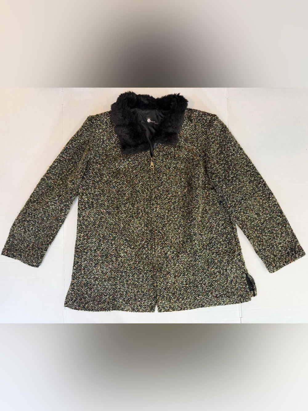 Vintage Grandma Core Bouclé Coat Black Faux Fur Collar Multicolor Tweed